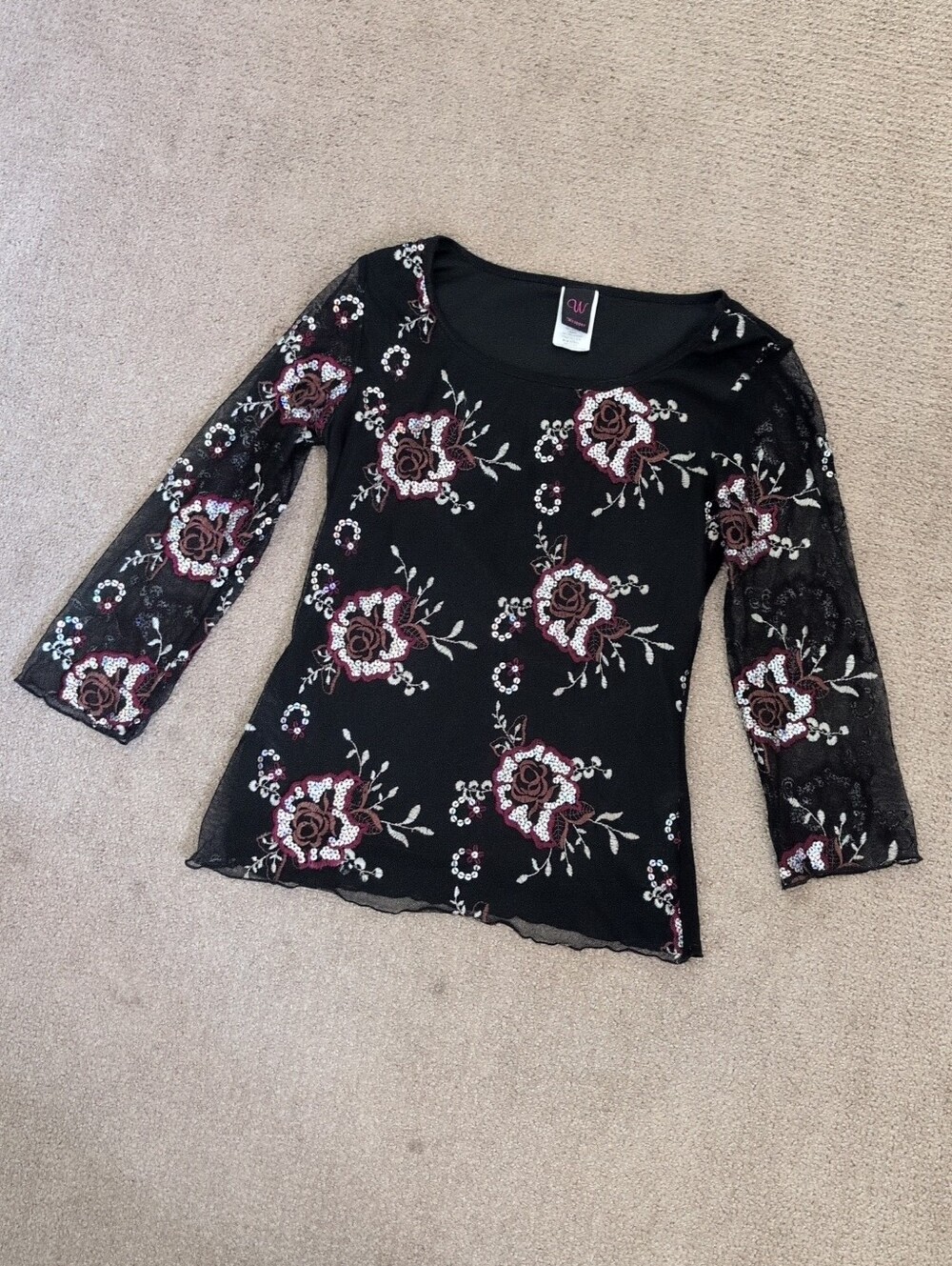 Wrapper Vintage Y2K Black Floral Sequin Embellished Mesh Rose Top